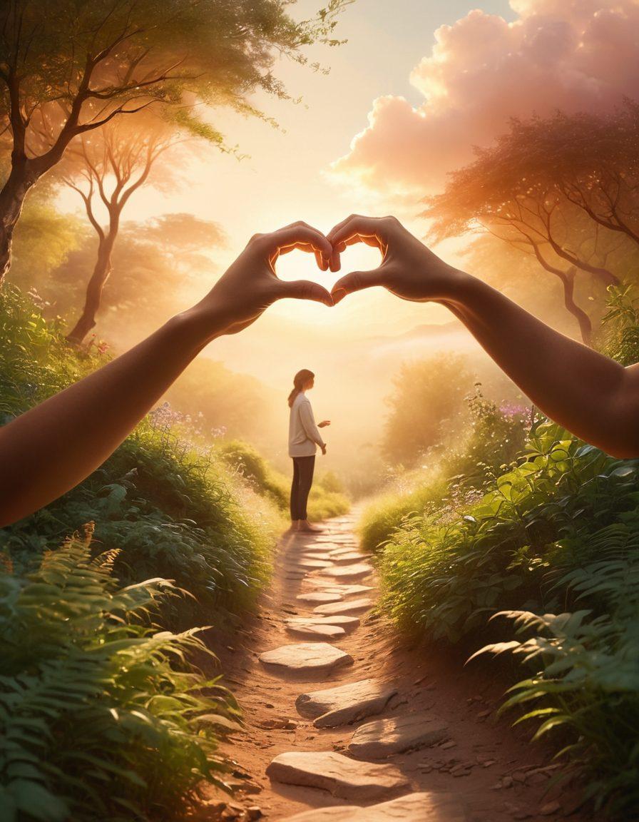 A warm, inviting scene of two people reaching out to each other, hands almost touching, surrounded by soft, glowing light. In the background, a winding path symbolizes the journey, lined with lush greenery representing growth and intimacy. Include subtle heart motifs and layers of soft clouds to convey emotional depth. The colors should be gentle and soothing, creating an atmosphere of connection and trust. soft focus. warm colors. dreamy.