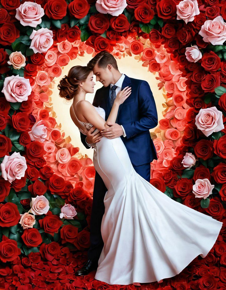 A couple intertwined amidst a backdrop of swirling hearts and vibrant roses, symbolizing the journey from fondness to deep devotion. The scene should capture intimate moments of laughter and connection, with soft, warm lighting to evoke romance and warmth. Include delicate details like clasped hands and subtle expressions that reflect the depth of their relationship. Incorporate elegant swirls and floral patterns surrounding them to enhance the theme of love. super-realistic. vibrant colors. 3D.