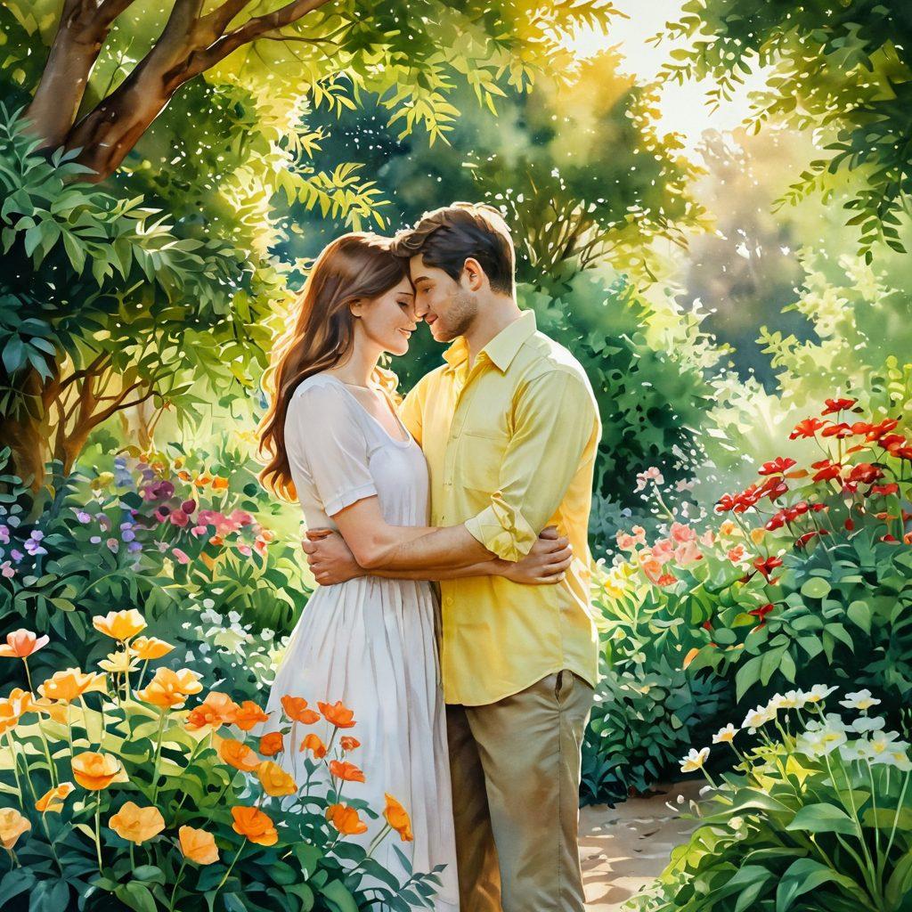 A warm, inviting scene depicting two people embracing in a lush, serene garden, surrounded by blooming flowers symbolizing love and connection. Soft, golden sunlight filters through the leaves, creating a magical atmosphere that conveys intimacy and affection. Gentle, nuanced facial expressions reveal deep emotional bonds, with subtle heart motifs integrated into the background. watercolor painting. vibrant colors.